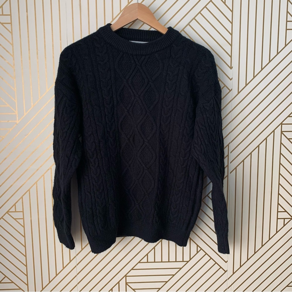 Aelfric Eden Retro 90s Cable Knit Fisherman Sweater ribbed hems black Small S - Picture 10 of 11
